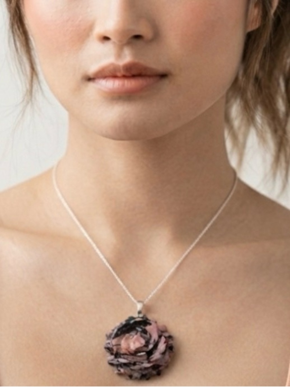 Rhodonite Carved Rose Pendant Necklace